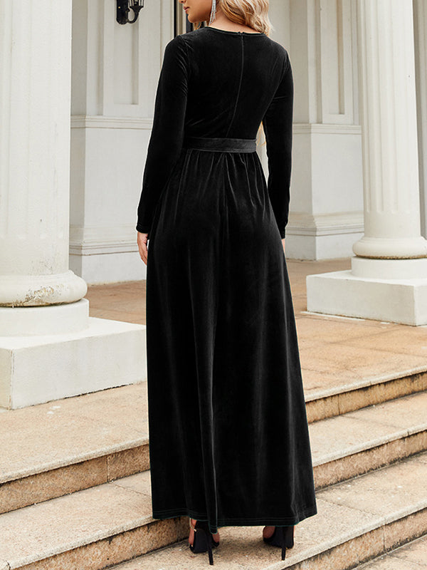 Belted Pleated Solid Color Zipper Long Sleeves Wrap Round-Neck Maxi Dresses