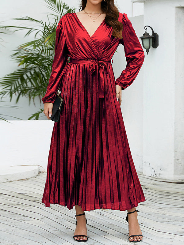 High Waisted Long Sleeves Bronzing Elasticity Pleated Solid Color Tied Waist Deep V-Neck Maxi Dresses
