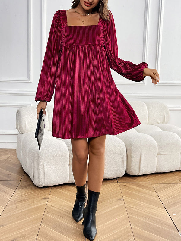 A-Line Long Sleeves Pleated Shiny Solid Color Tied Velvet Square-Neck Mini Dresses