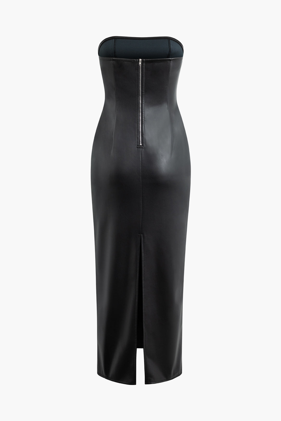 Faux Leather Zip Up Strapless Slit Midi Dress