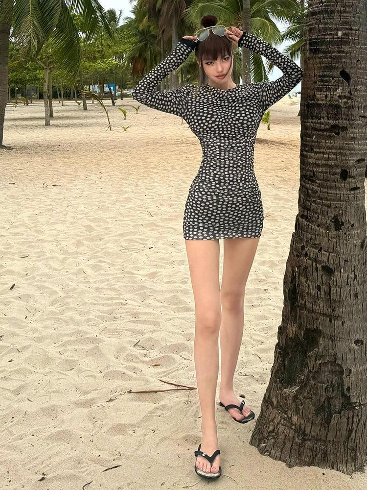 Sexy Polka Dot Dress Women Autumn Mesh Patchwork Dresses Party Fashion Long Sleeve Casual Mini Dress Bodycon Vestidos