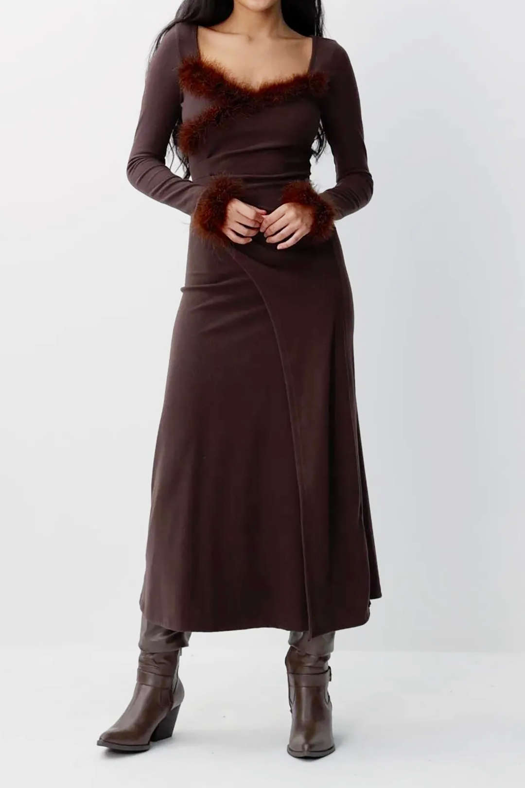 Faux Fur Trim Wrap Ruched Pleated Midi Dress