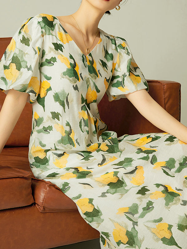 Pleated Printed Loose Puff Sleeves V-Neck Midi Dresses