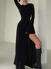 Long Sleeves Loose Asymmetric Solid Color Split-Joint Split-Side Round-Neck Maxi Dresses