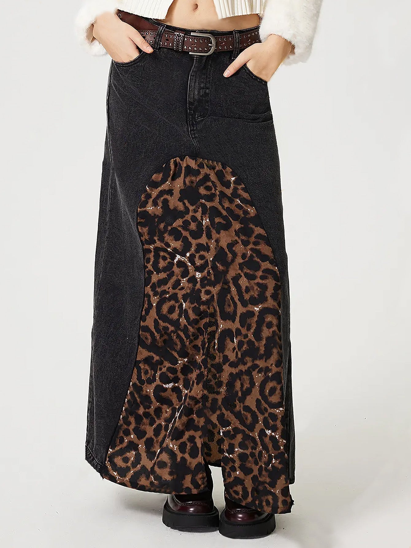 Leopard Splice Denim Rock Für Frauen Herbst Neue Streetwear Vielseitig Midi Rock Hohe Taille Slit Print Lady Fashion Rock 