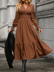 Elasticity Pleated Solid Color A-Line Flared Sleeves V-Neck Midi Dresses