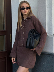 Women's Knitted Suit Lapel Flare Sleeve Cardigan Skirt Autumn Winter New Fashion Solid Slim Female Sweater Two Piece SetsChristmas Gifts