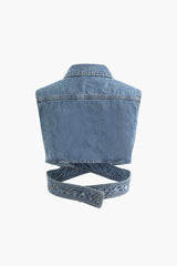 Notched Lapel Cross Hem Denim Vest