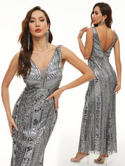 Evening Sleeveless Wrap Mesh Backless Embroidered V-Neck Maxi Dress