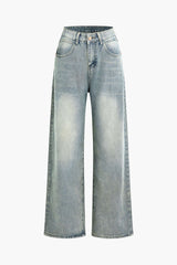 Faded High Waist Pocket Wide Leg Jeans