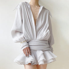 New Chiffon Mini Dress Women's Ruffled Splice Pleated Dress Mesh See-through Loose Oversized Shirt Dress Cover-Up ClothesChristmas Gifts