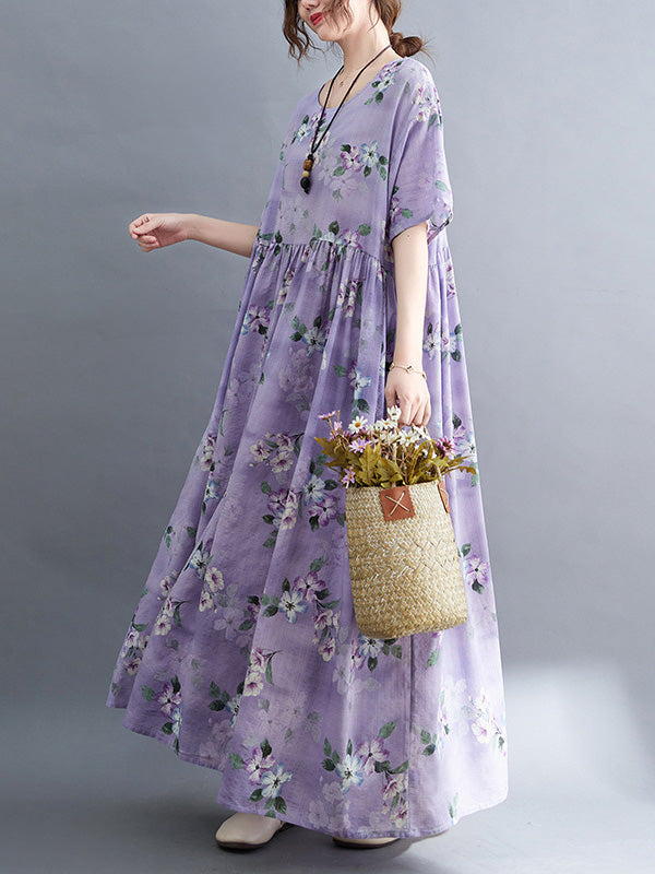 Vacation Short Sleeves Loose Floral Printed Round-Neck Midi Dresses