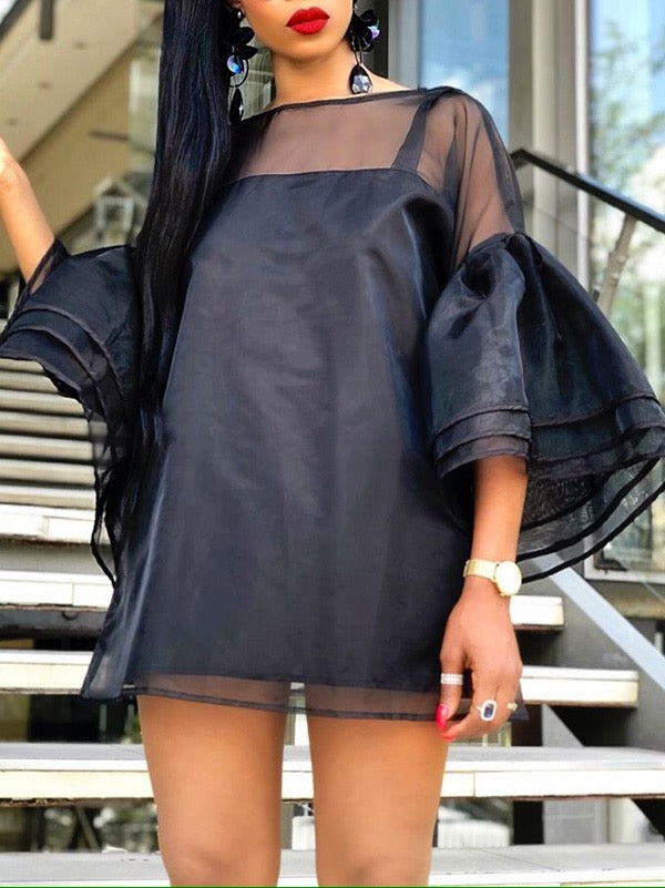 Long Sleeves Loose Falbala See-Through Solid Color Split-Joint Round-neck Mini Dresses