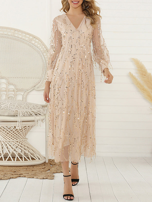 Long Sleeves Loose Gauze Pockets See-Through Sequined Split-Joint V-Neck Evening Dresses Midi Dresses