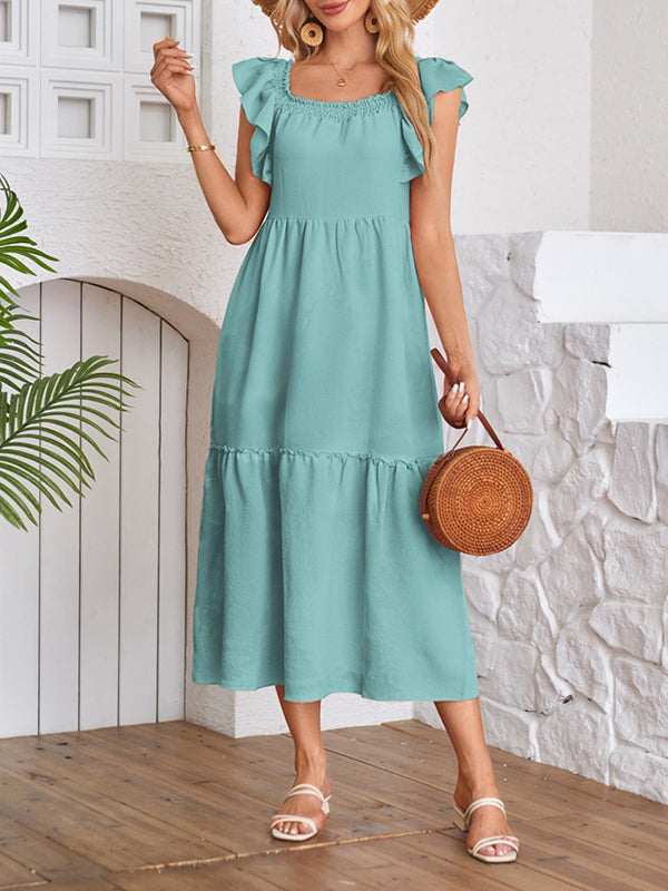 A-Line Loose Elasticity Pleated Ruffled Solid Color Split-Joint Off-The-Shoulder Midi Dresses
