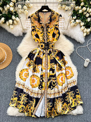 Sleeveless Belt Buckle Buttoned Contrast Color Floral Printed Midi Dresses