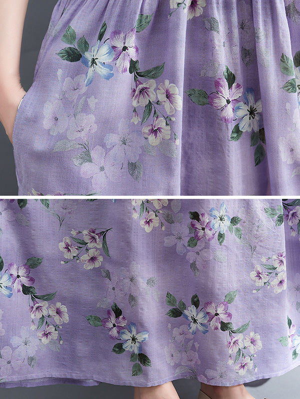 Vacation Short Sleeves Loose Floral Printed Round-Neck Midi Dresses