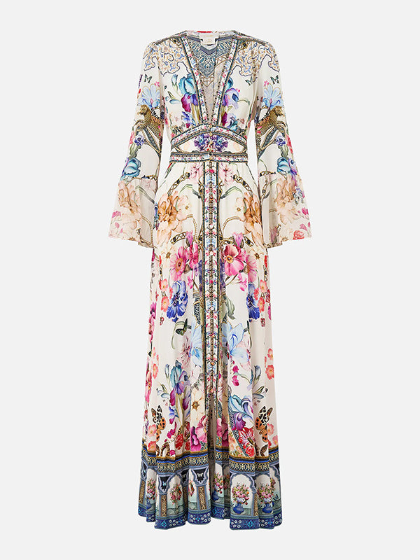Floral Printed Long Sleeves Ruffled Elegant Maxi Dresses