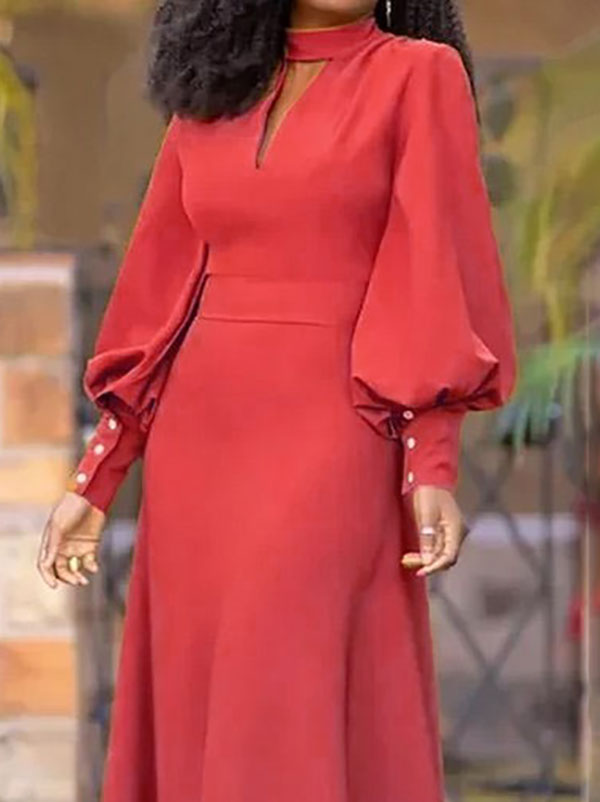 Long Sleeves Loose Buttoned Hollow Solid Color Split-Joint Round-Neck Maxi Dresses