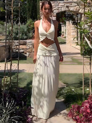 Sexy Röcke Zweiteiliges Set Damen V-Ausschnitt Pilz Neckholder Sling Top Twist Slim Fit Lange Röcke Urlaub Passende Sets 