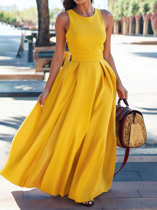 Pleated Solid Color Split-Joint A-Line Loose Round-Neck Maxi Dresses