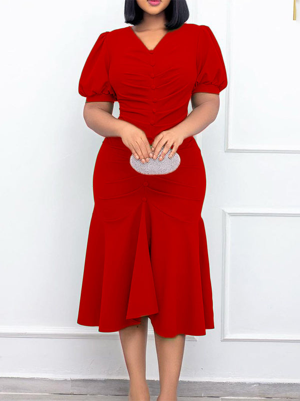 Bodycon Mermaid Pleated Solid Color Zipper V-Neck Midi Dresses