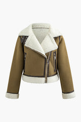 Asymmetrical Zipper Faux Shearling Belt Notched Lapel Coat