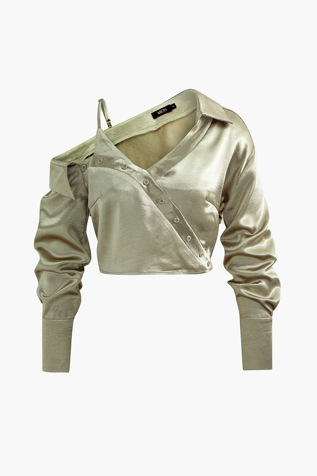 Asymmetrische, kurze Satinbluse mit kalten Schultern 