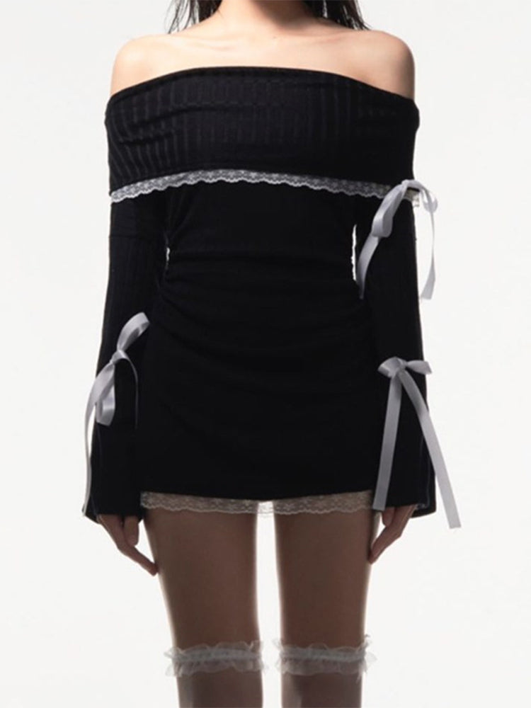 Lace Splice Mini Dress For Women Bandage Sexy Off The Shoulders Slim Ribbing Dresses Ladies Casual Bodycon Dress WomanChristmas Gifts