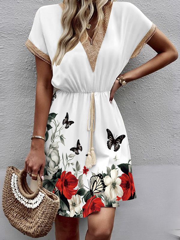 A-Line Loose Butterfly Print Elasticity Hollow Split-Joint Tasseled Tied Waist V-Neck Mini Dresses