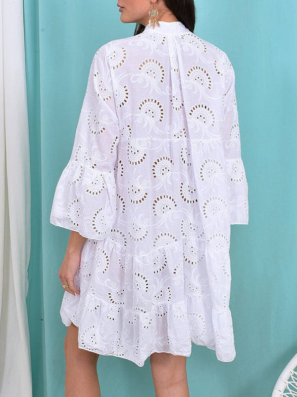 A-Line Flared Sleeves Buttoned Hollow Solid Color Split-Joint V-Neck Mini Dresses
