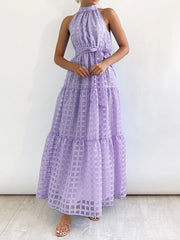 Plaid Ribbed Loose Sleeveless Stand Collar Maxi Dresses