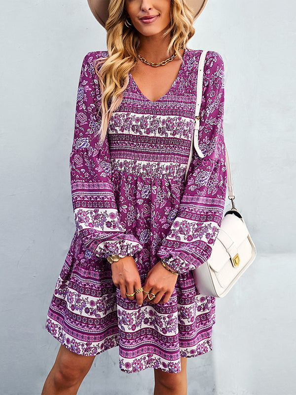 Bohemia A-Line Loose Floral Printed V-Neck Dress