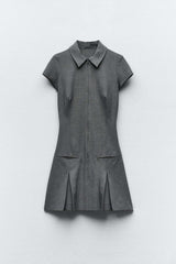 Collared Short Sleeve Pleated Mini Dress