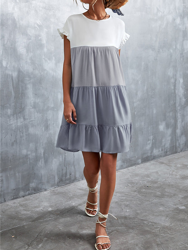 Contrast Color Falbala Pleated Split-Joint Loose Ruffle Sleeves Round-Neck Mini Dresses