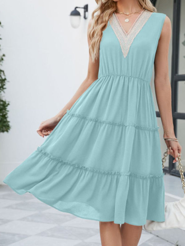 A-Line High Waisted Elasticity Pleated Split-Joint V-Neck Midi Dresses