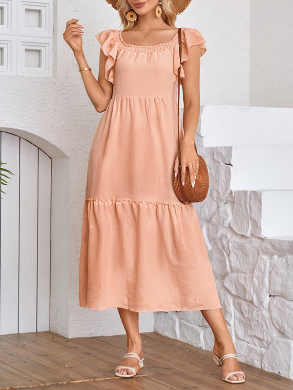 A-Line Loose Elasticity Pleated Ruffled Solid Color Split-Joint Off-The-Shoulder Midi Dresses