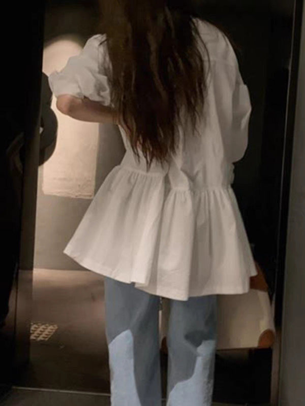 Buttoned Pleated Solid Color A-Line Long Sleeves Lapel Shirt Dress Mini Dresses