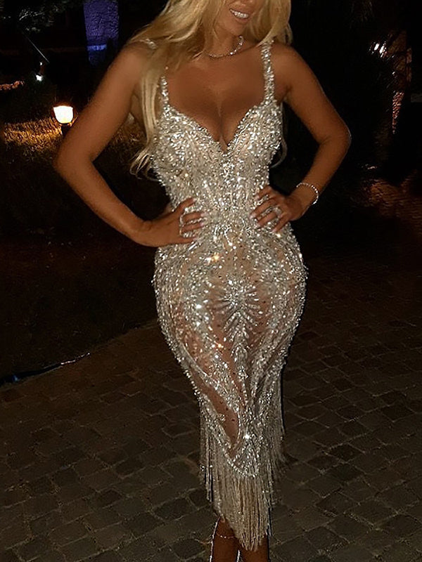 Floral Sequin Back Split Dress