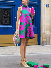 A-Line Loose Contrast Color Flower Print Stand Collar Mini Dresses