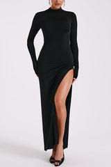 Einfarbiges, rückenfreies, geschlitztes Maxikleid mit langen Ärmeln 