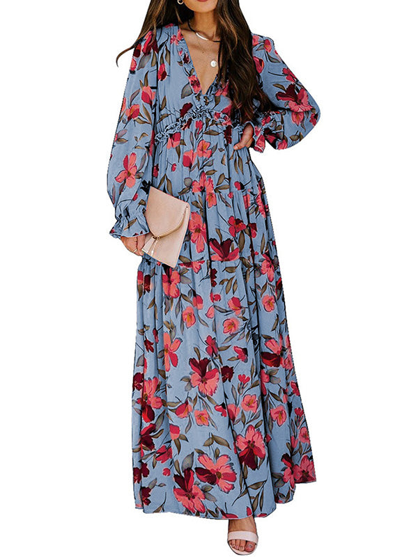 Flower Print Pleated Ruffled High Waisted Long Sleeves V-Neck Maxi Dresses