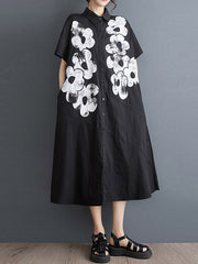 A-Line Loose Asymmetric Buttoned Flower Print Lapel Midi Dresses Shirt Dress