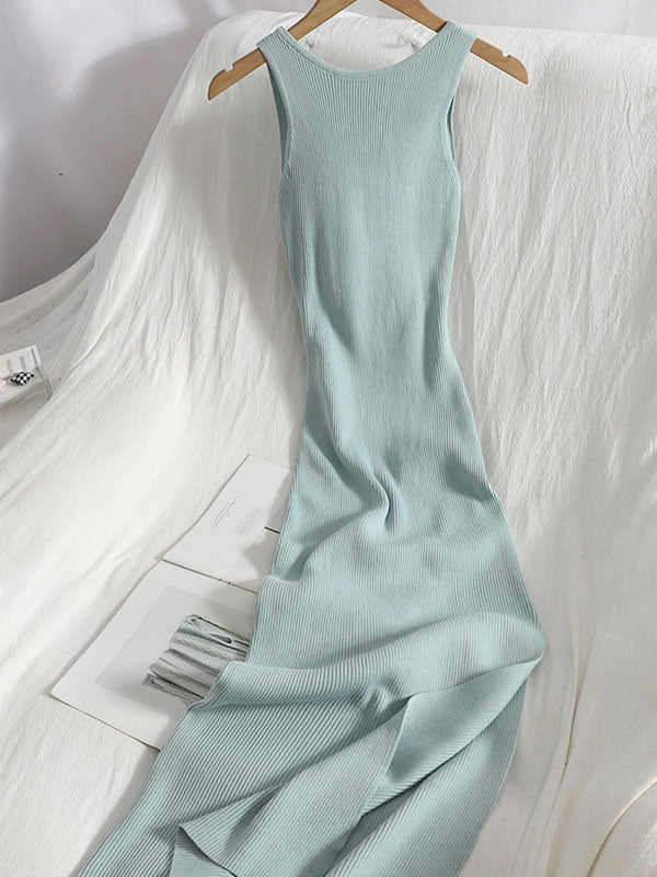 Bowknot Hollow Solid Color Bodycon Sleeveless Midi Dresses