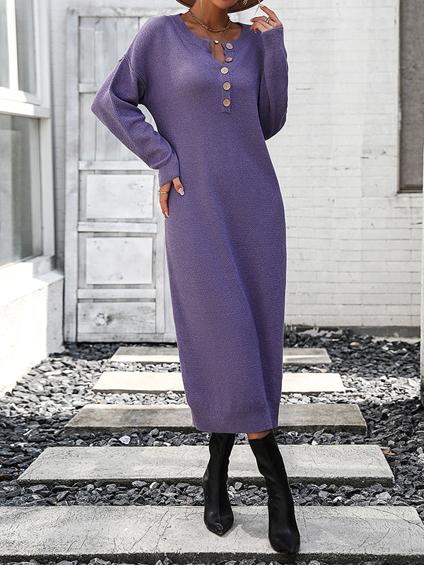 Buttoned Split-Joint Long Sleeves Loose Round-Neck Sweater Dresses Midi Dresses