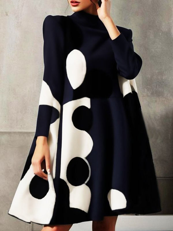 Polka-Dot Split-Joint A-Line Long Sleeves Mock Neck Mini Dresses