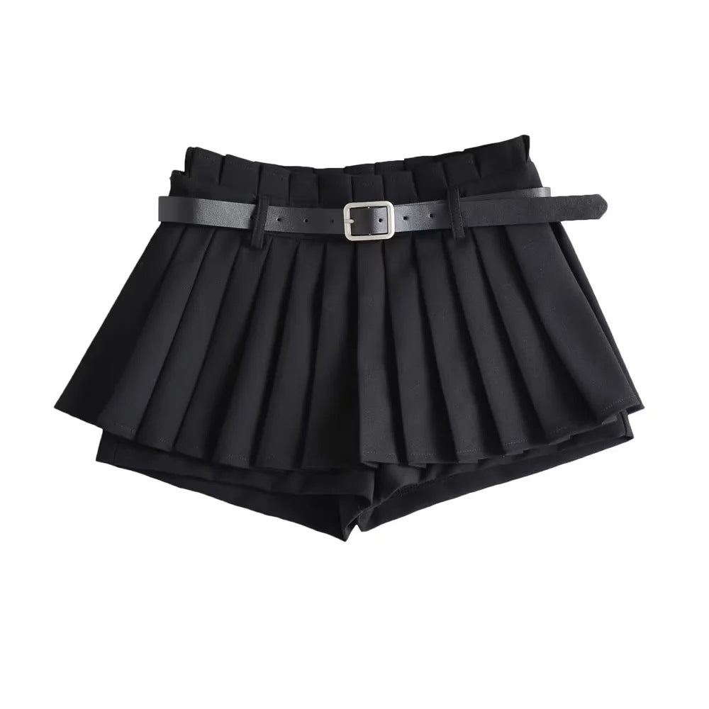 Schlanker Mini-Faltenrock mit niedriger Taille für Frauen im Sommer, lässig, schwarzer Gürtel, Röcke, Babes, modisch, solide Une Jupe Ligne, Weihnachtsgeschenke 