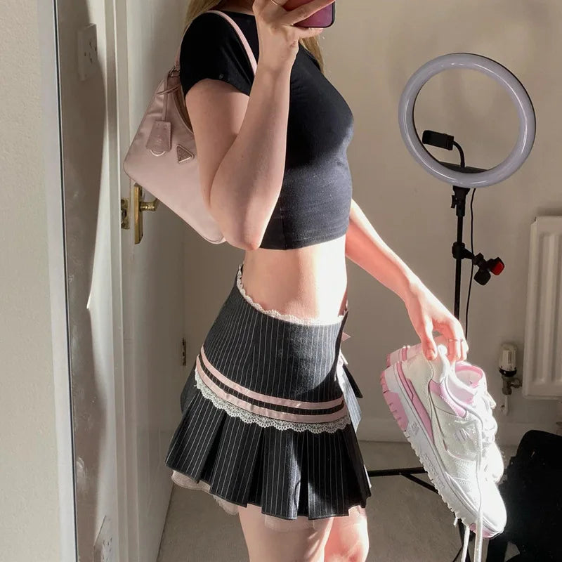 Lace Splice Miniröcke für Frauen Bogen Bandage Mode Falten Rock Hot Girls Winter Casual Lace-up High Waist Rock LadiesChristmas Geschenke 