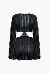 Ruffle Texture Cut Out V-neck Long Sleeve Mini Dress