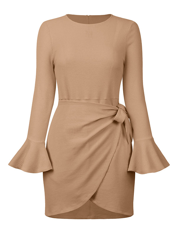 Simple Long Sleeves Skinny Tied Falbala Solid Color Round-Neck Mini Dresses